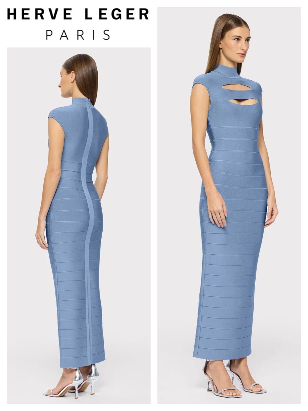 Hervé Léger Cap Sleeve Cut-Out Gown